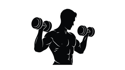 Man lifting dumbbells in a gym workout routine with fitness and exercise on white background