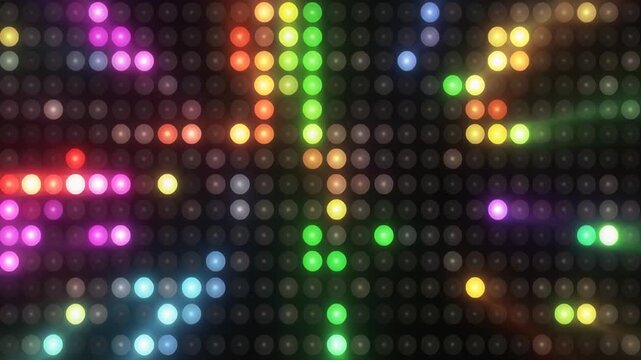 Abstract glowing colorful digital wall of LED lights creating dynamic patterns perfect for party event backgrounds or music video clips