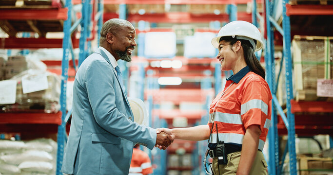Logistics, handshake and meeting with people in warehouse for supply chain deal, welcome and thank you. Shipping partnership, shaking hands and b2b export with employees in factory for teamwork