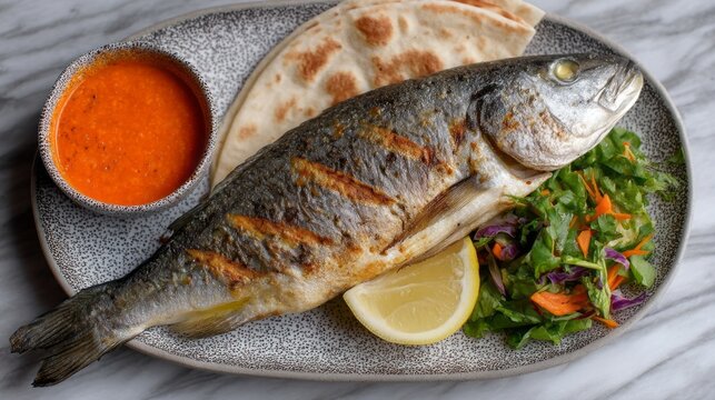 This delightful dish features perfectly grilled sea bream alongside a vibrant salad and warm bread. Served with a flavorful dipping sauce, it offers a feast for both the eyes and the palate
