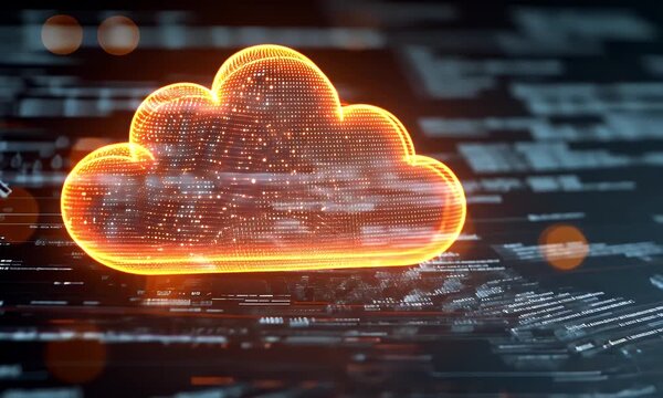 Abstract glowing digital cloud made of illuminated particles and data streams on a dark futuristic technology background