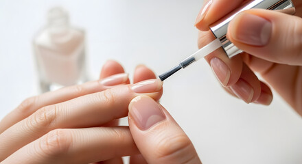 A person applying clear nail polish to their fingernail at home