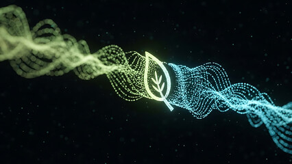 Fintech 3d data visualization featuring a glowing leaf symbol within flowing particle streams against a dark background