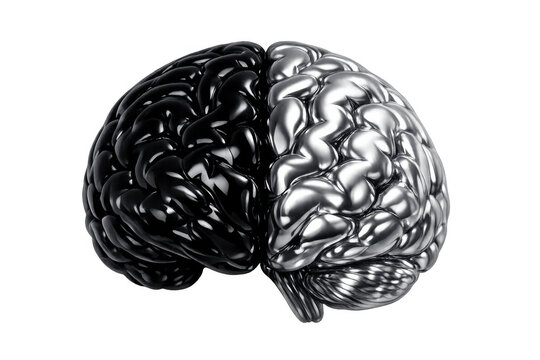 Human brain hemispheres showing analytical and creativity concepts with metallic black and silver sides - Powered by Adobe