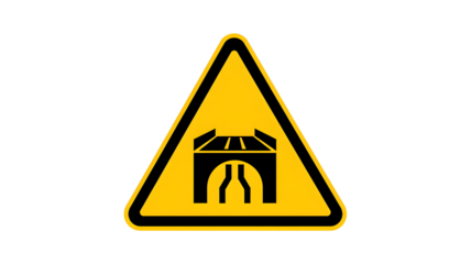 Narrow bridge or tunnel ahead warning sign icon in yellow triangle for roadway safety transparent background
