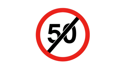 End of Speed Limit 50 Traffic Sign with Red Circle and Black Diagonal Line transparent background