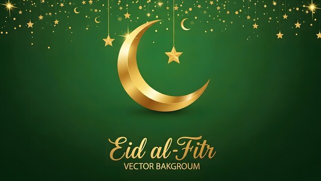 Golden crescent moon hanging with ornate lanterns celebrating ramadan or eid al fitr