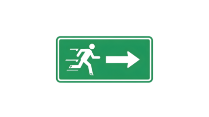 Green Emergency Exit Sign with White Running Person and Right Directional Arrow transparent background