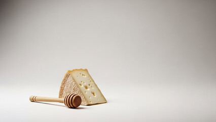 Wedge of Gourmet Swiss Cheese with Wooden Honey Dipper on Minimalist White Background with Copy Space