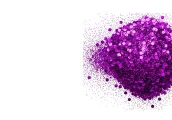 Vibrant purple sparkling iridescent glitter, dense pile thinning to scattered particles, on a transparent background with negative copy space, top-down macro, festive design concept