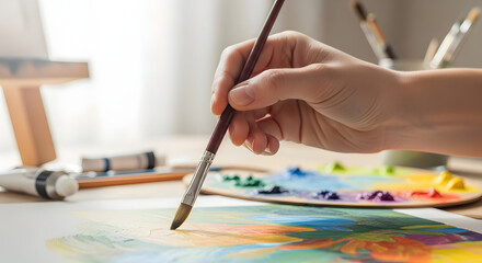 A person's hand holding a paintbrush and creating a colorful artwork