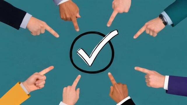 Diverse business hands pointing fingers towards a central black circle signifying teamwork focus selection or blame on a teal blue background