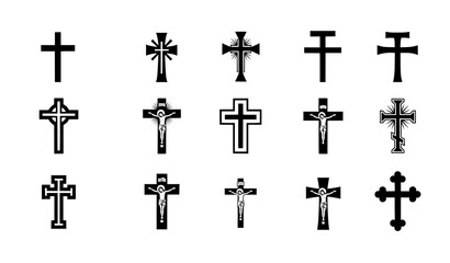 Christian cross pictogram icons vector set with crucifix religious symbols isolated on white
