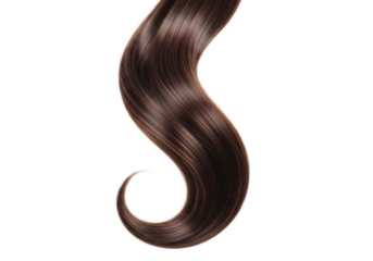 A single wavy strand of smooth, highly shiny, healthy-looking, rich deep brown hair with subtle highlights on a transparent isolated background with copy space, hair care advertising concept