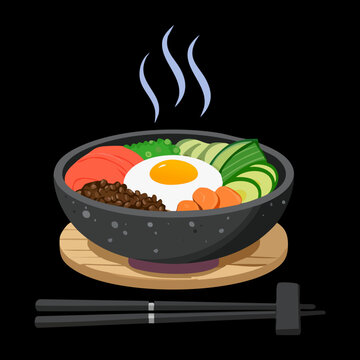 Hot bowl of korean bibimbap with fried egg and vegetables on a black background - Vector Illustration