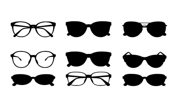 Glasses silhouette vector set with stylish eyeglass and sunglasses frames isolated on white