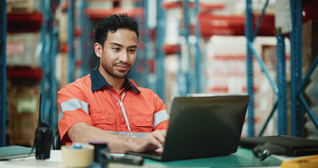 Laptop, cargo and typing with man in warehouse for delivery procurement, floor supervisor and...