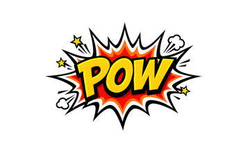 Pow comic book explosion burst pop art graphic with yellow text and stars on transparent background