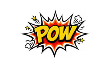 Pow comic book explosion burst pop art graphic with yellow text and stars on transparent background