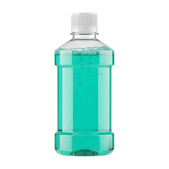 Minty fresh mouthwash in clear plastic bottle, isolated on white or transparent background, PNG Format.