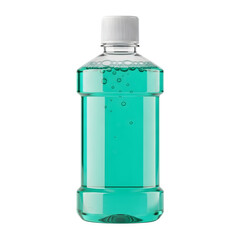 Minty fresh mouthwash in clear plastic bottle, isolated on white or transparent background, PNG Format.