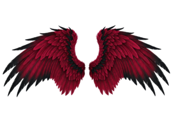 Magnificent, large crimson and black feathered wings with intricate textures, high-angle, against a transparent studio background with copy space, concept of fantastical power and majesty.