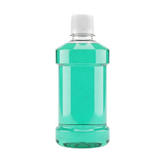 Minty fresh mouthwash in clear plastic bottle, isolated on white or transparent background, PNG Format.