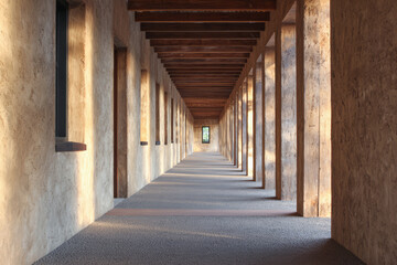 Fototapeta premium Long hallway with stone walls and wooden beams during late afternoon light