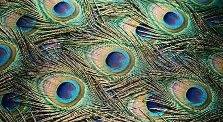 Repeating peacock feather motifs with iridescent colors