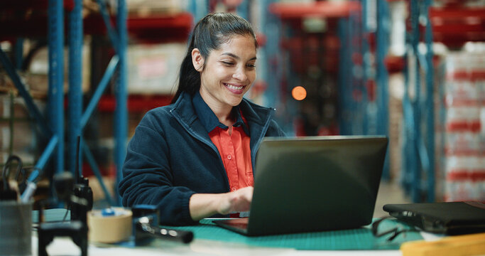 Logistics, laptop and smile with woman in warehouse for quality assurance, cargo and shipping. Inventory manager, online inspection checklist and distribution with person in factory for delivery
