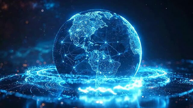 Digital globe with glowing continents and swirling particles, representing global connectivity and technology.