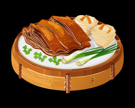 Traditional roasted peking duck slices served with scallions and dipping sauce in a bamboo steamer basket - Vector Illustration