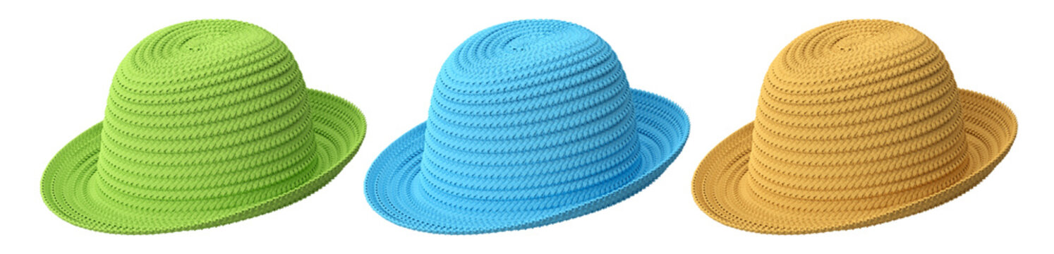 Set of woven straw hats shown from different angles isolated on white background, showcasing summer fashion accessories