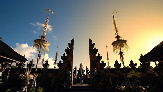 Galungan background with tall penjor bamboo silhouettes for Balinese Hindu festival design