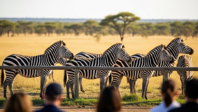 Group of zebras grazing in serengeti national park landscape with tourists observing the majestic wildlife in african savanna setting - Powered by Adobe