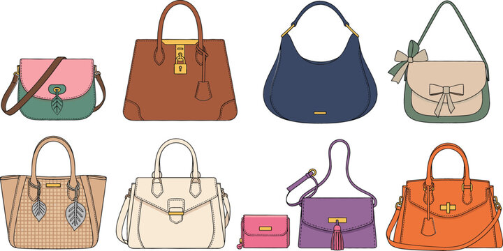 Collection of various fashionable women's handbags including tote bags cross body purses and clutches, leather accessory set for retail and fashion design.