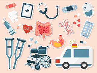 Medicine items cute elements isolated set stickers, Collection of medical equipment stickers