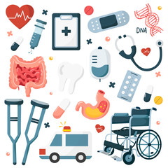 Collection of medical icons including a hospital and healthcare, medical equipment illustrations