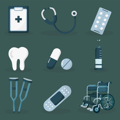 Medical icons flat set with medical equipment in hospital