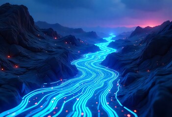 Abstract futuristic digital network background with glowing blue lights, connecting data dots, and circuitry. Ideal for technology, AI, cyberspace, big data, innovation, and digital engineering.