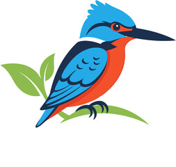 Obraz premium Vibrant Kingfisher Bird Perched on a Lush Green Branch - Colorful Wildlife Illustration for Nature and Animal Themes, Symbolizing Beauty and Freedom