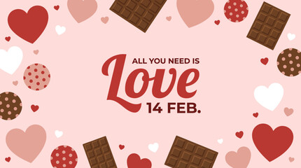 Romantic Valentine's Day scene with a pink background, hearts and chocolates for love-themed campaigns and gift ideas