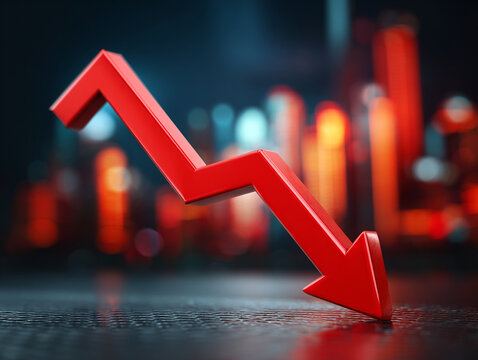 Red downward arrow on blurred city background, concept of economic recession or market crash