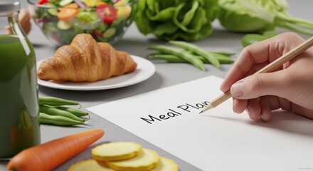 Hand Writing "Meal Plan" Note Amidst Healthy Vegetables and Croissant, Symbolizing Balanced Diet Strategy and Wellness Goals.