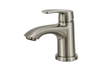 Stainless steel tap with single lever mixer for modern kitchen or bathroom plumbing, isolated on transparent background