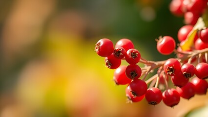 cluster. Close-up of red berry clusters on a stem, isolated with soft focus in natural sunlight. gardening catalogs, home-decor guides, designed for home decor and floral branding.