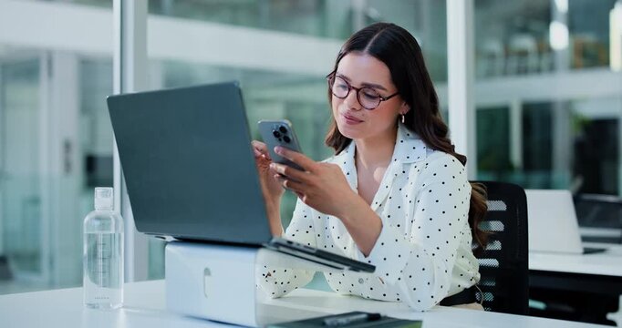 Woman, phone and happy with texting at office, notification and laptop at investment company. Person, financial advisor and broker for online consulting, glasses or mobile app with smile at agency