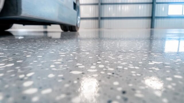 Polished epoxy resin flooring inside warehouse concept. Smooth, shiny surface with speckled patterns, showcasing a clean industrial environment.