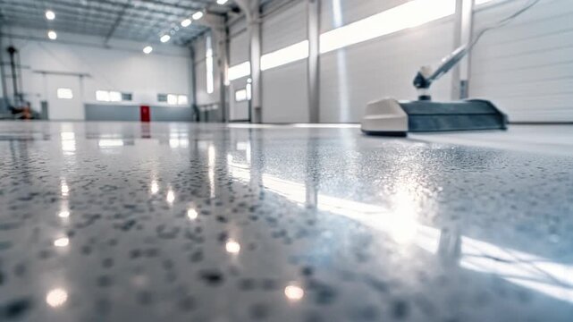 Polished epoxy resin flooring inside warehouse concept. The surface is shiny and smooth, reflecting light in an industrial space.