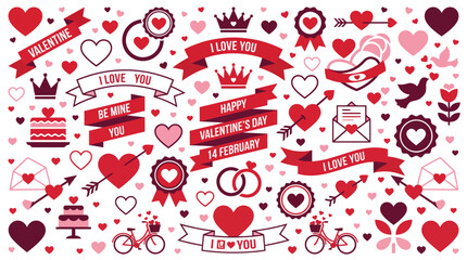 Valentine's Day heart collage featuring love icons, banners, and crowns in a red and pink romantic theme